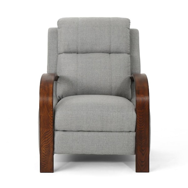Noble House Mair Traditional Gray Fabric Push Back Recliner with Exposed Wooden Frame