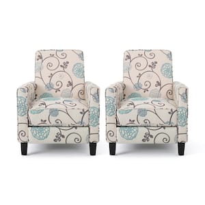 Darvis Light Beige with Blue Floral and Dark Brown Upholstered Recliner (Set of 2)