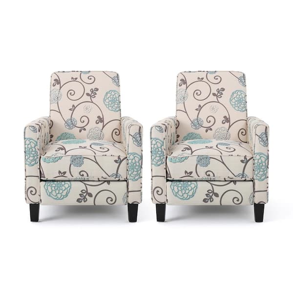 Noble House Darvis Light Beige with Blue Floral and Dark Brown Upholstered Recliner (Set of 2)