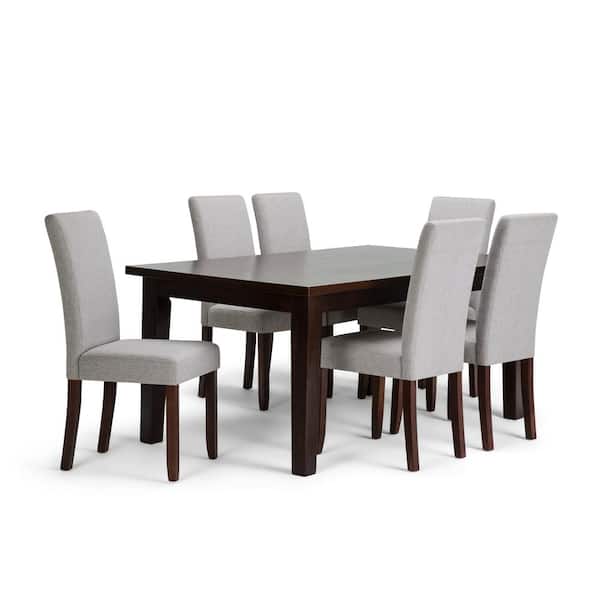 Simpli Home Acadian Transitional 7-Pieces Dining Set w/ 6-Upholstered Parson Chairs in Cloud Grey Linen Fabric and 66 in. Wide Table