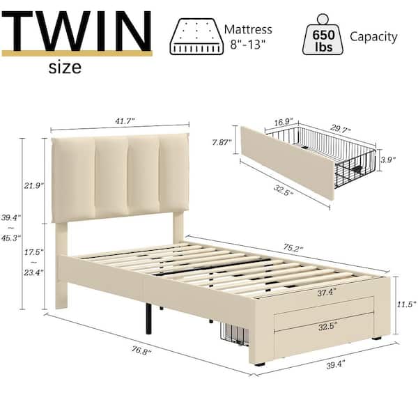 Bed Frame with Storage Drawer, Beige Metal Frame Twin Platform Bedframe with Adjustable Headboard & Wooden Slats Support
