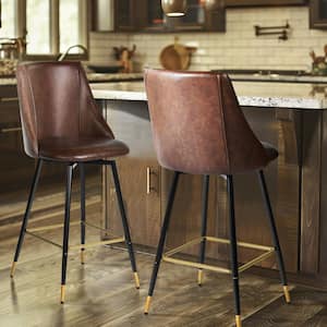 Smeg SW 26.8 in. Dark Brown PU Leather Swivel Counter Height Bar Stools with Metal Frame and Wood-Effect Legs (Set of 2)