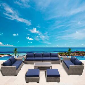 11-Piece Wicker Rattan Outdoor Sectional Set with Blue Cushions and Coffee Table and Side Table