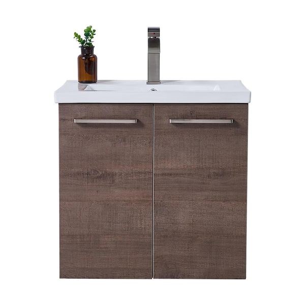 VC CUCINE 24 in. W x 18 in. D x 23 in. H Floating Bathroom Vanity in Brown Wood Grain with White Ceramic Sink