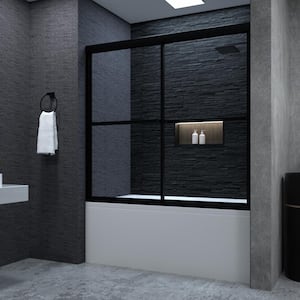 Luminous 59 in. W x 56 in. H Sliding Framed Tub Door in Matte Black Finish with Clear Tempered Glass