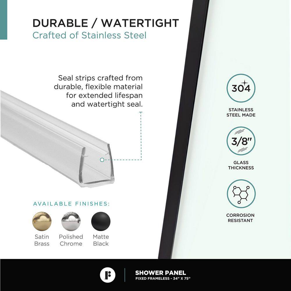 34'' W x 74.25'' H Black Frameless Tempered Glass Shower Panel