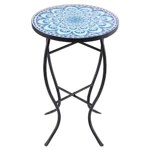 Black Metal Ceramic Tile Top Mosaic Outdoor Side Table, Blue Mandala