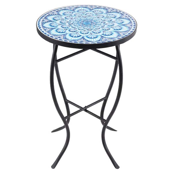 Merra Black Metal Ceramic Tile Top Mosaic Outdoor Side Table, Blue Mandala