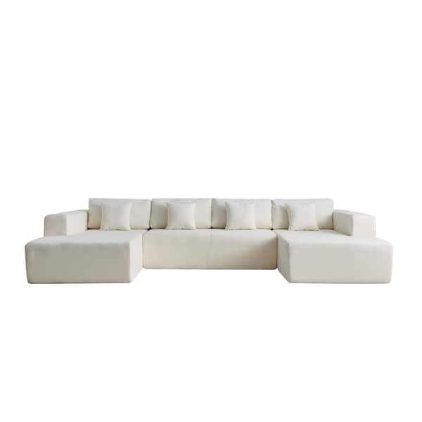 137.79 in Wide Square Arm Chenille U-Shaped Modern Upholstered Sofa in Beige with 4-Pillows