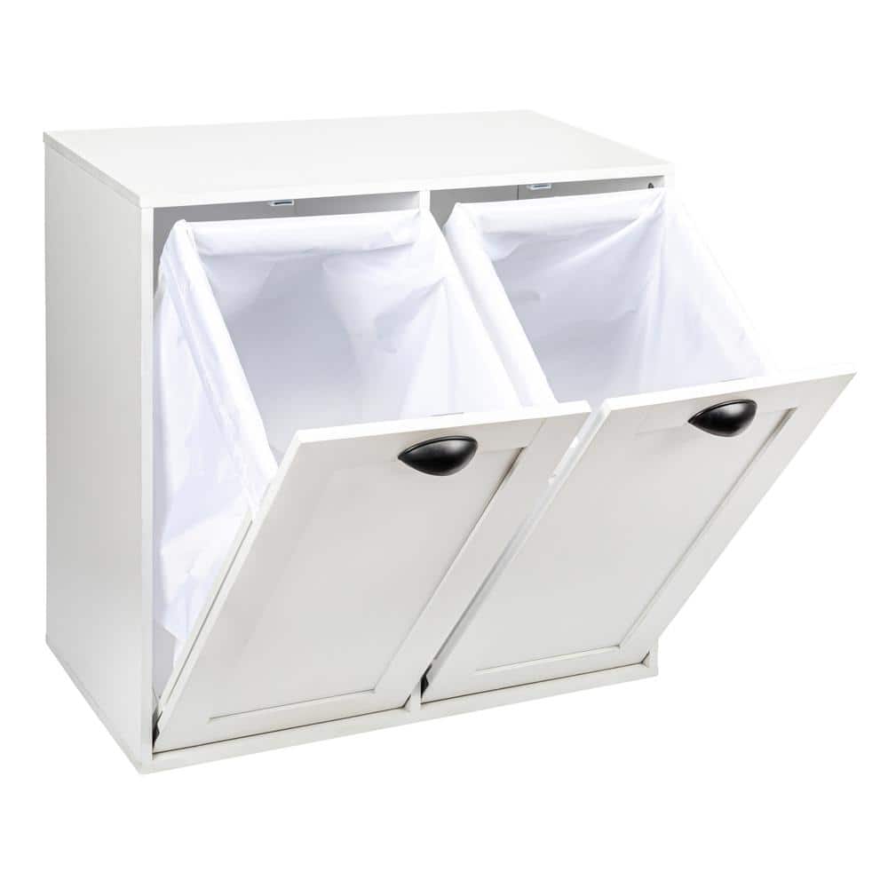 White Wood Laundry Sorter Cabinet with Drawstring Bags