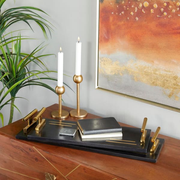 Litton Lane Black Marble Decorative Tray with Gold Handles (Set of 2)