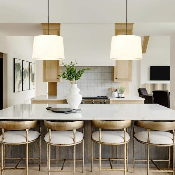 3-Light 19.7 in. Modern Matte Black Pendant Light with Linen Fabric Drum Shade for Bedroom Living Room Island
