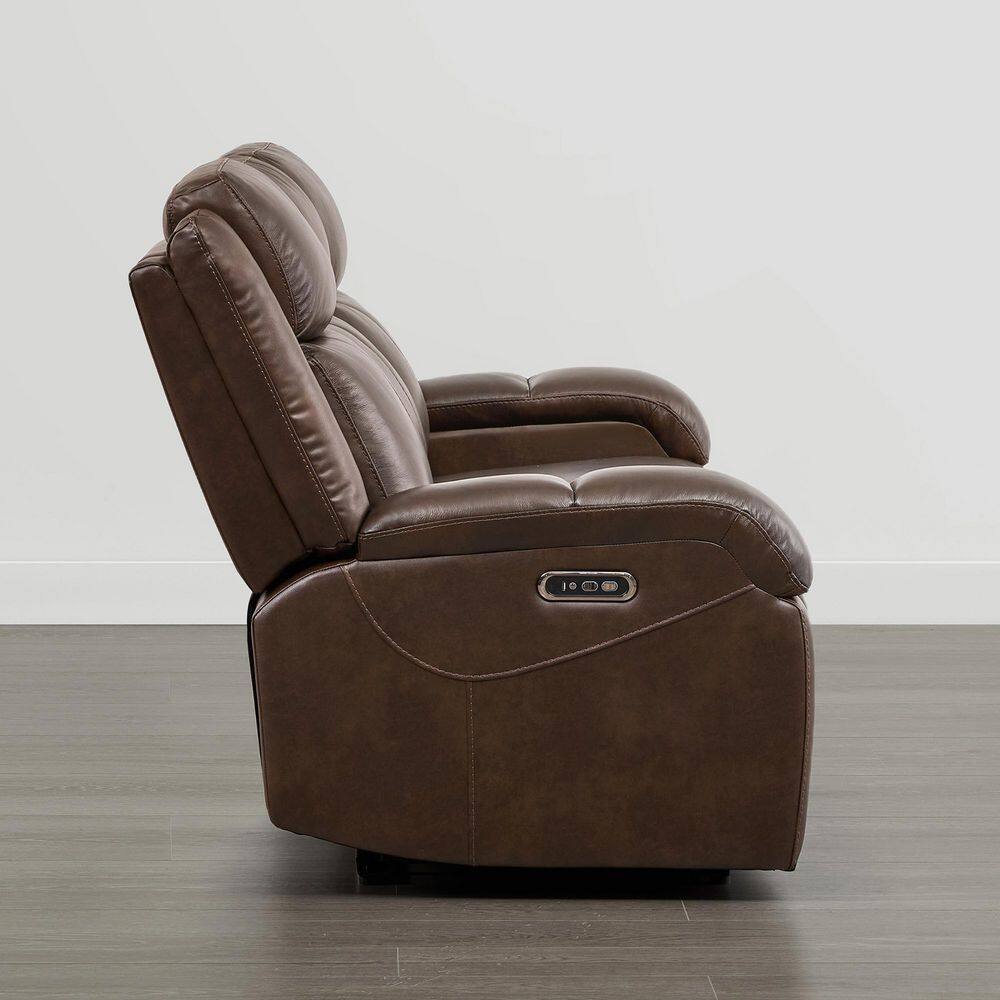 Side view of a brown leather power recliner in an upright position.