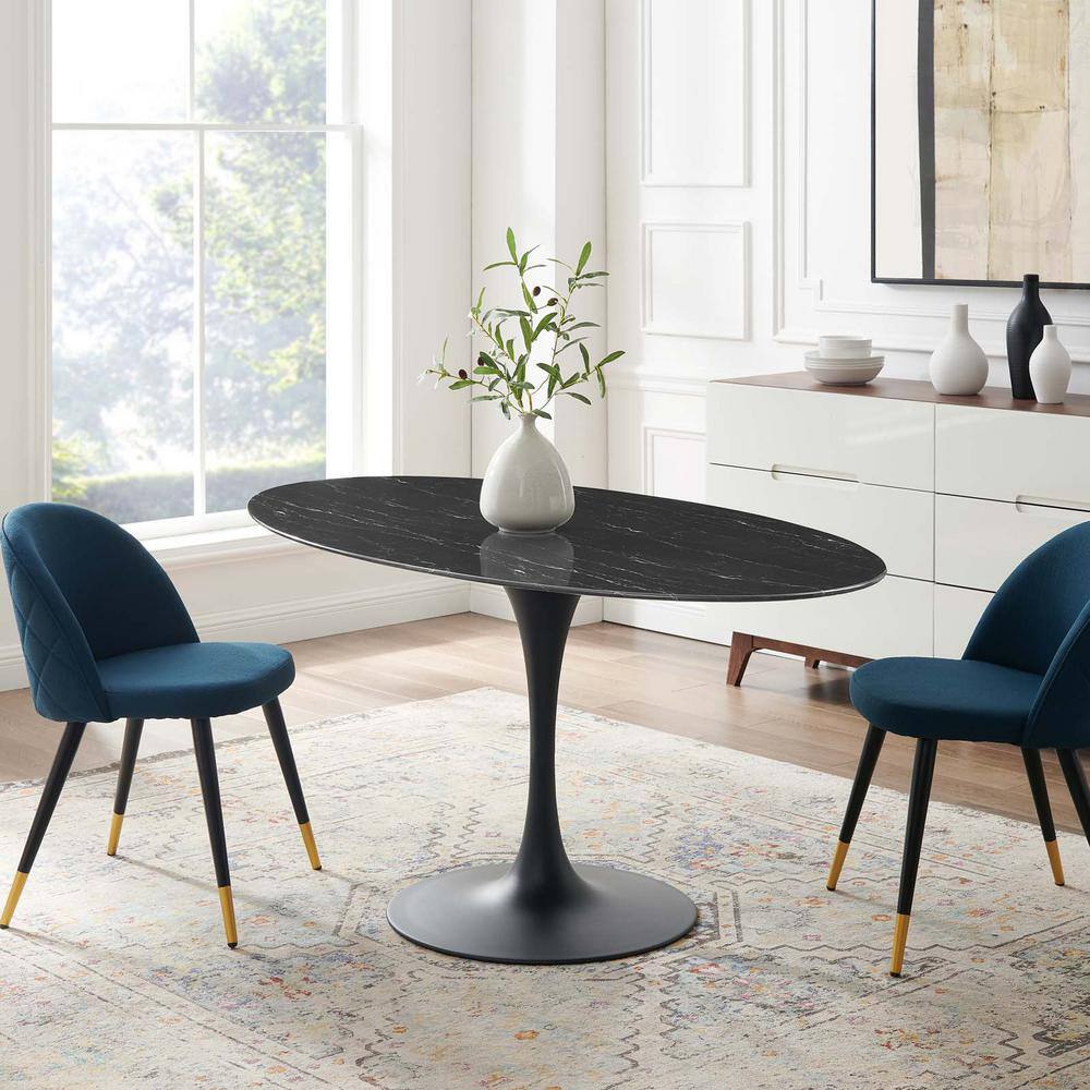Modern Mid-Century 60" Oval Marble & Wood Dining Table in Black