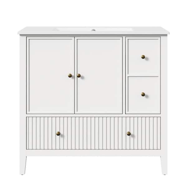 White 36in Bathroom Vanity with Sink Set Doors and Drawers Painted Surface for Bathroom