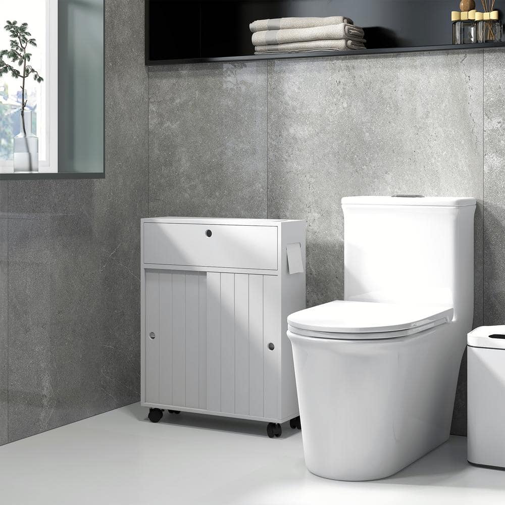 White Slim Bathroom Cabinet with Adjustable Shelving and Wheels