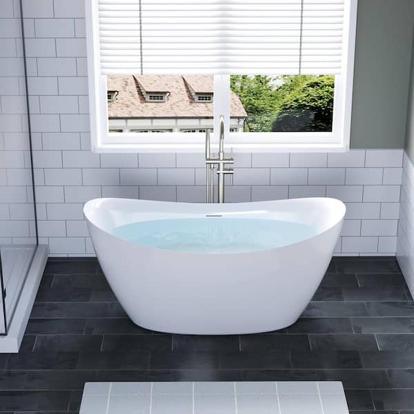 60 in. Acrylic Single Slipper Flatbottom Freestanding Soaking Bathtub in Glossy White Overflow and Pop-Up Drain
