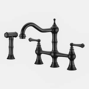 Double Handles 4-Holes Brass Bridge Dual Handles Kitchen Faucet with Pull-Out Side Sprayer in Matte Black