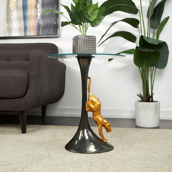 Litton Lane 20 in. Black Leopard Large Round Glass End Table with Gold Leopard Accent and Tempered Glass Top