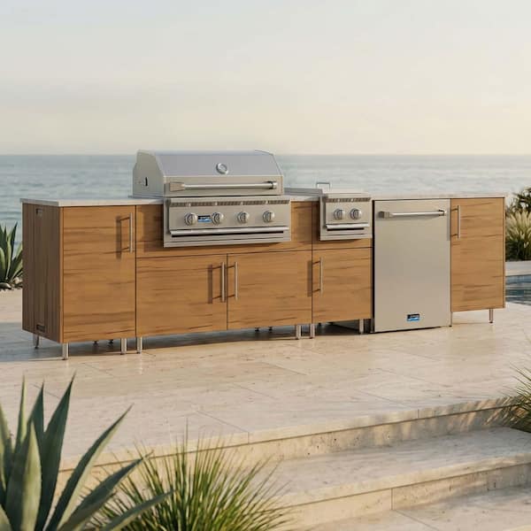 Nightfall 126 in. W 4-Burner Propane Grill Island in Miami Teak Brown with Fridge, Side Burner, and Cabinet