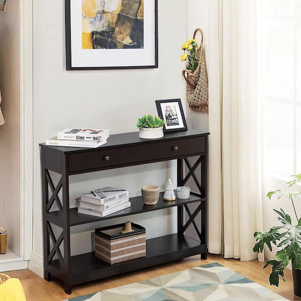 Espresso Heavy Duty 3-Tier MDF Wire Shelving Unit Entryway Table (12 in. W x 31 in. H x 39 in. D)