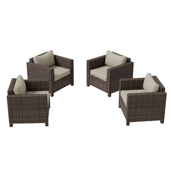 All-Weather Outdoor Wicker Lounge Chair with Wide Armrest and Beige Cushions (4-Piece)