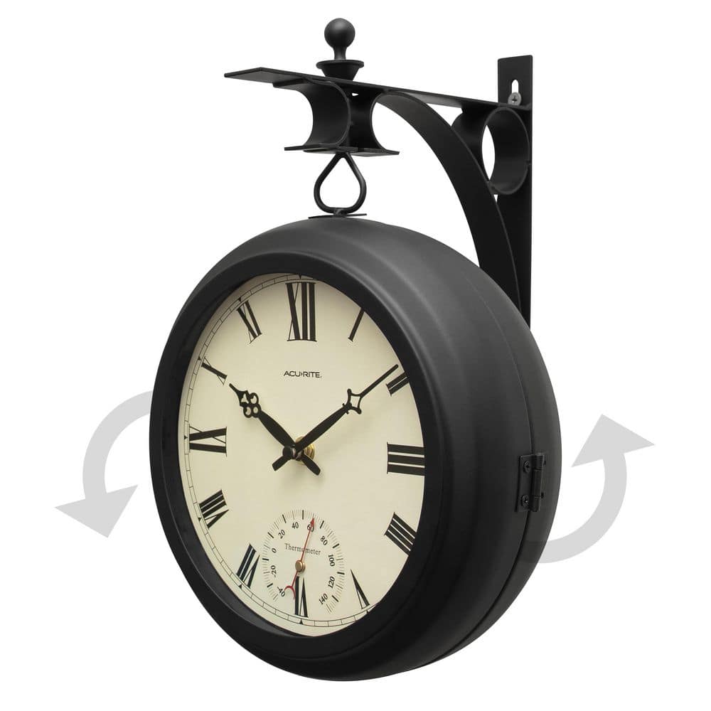 AcuRite 9-Inch Black Iron Double-Sided Hanging Clock with Thermometer