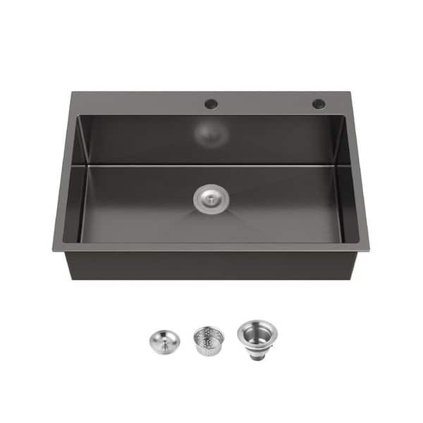 Undermount Sink 33 in. x 22 in. Single Bowl 20-Gauge Stainless Steel Overmount Handmade Sink in Black w/ Drain and Hook