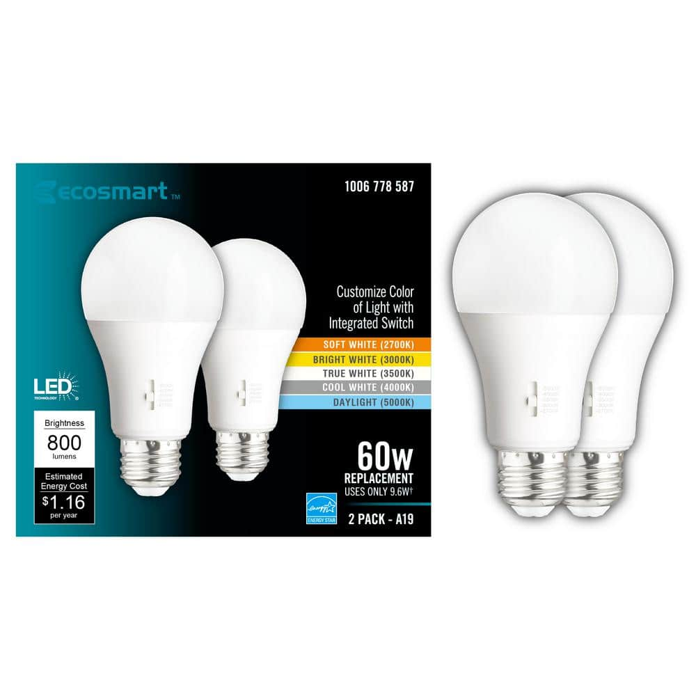 EcoSmart 60-Watt Equivalent A19 Dimmable CEC LED Light Bulb with Selectable  Color Temperature (2-Pack) 11A19060W5CCT01 - The Home Depot