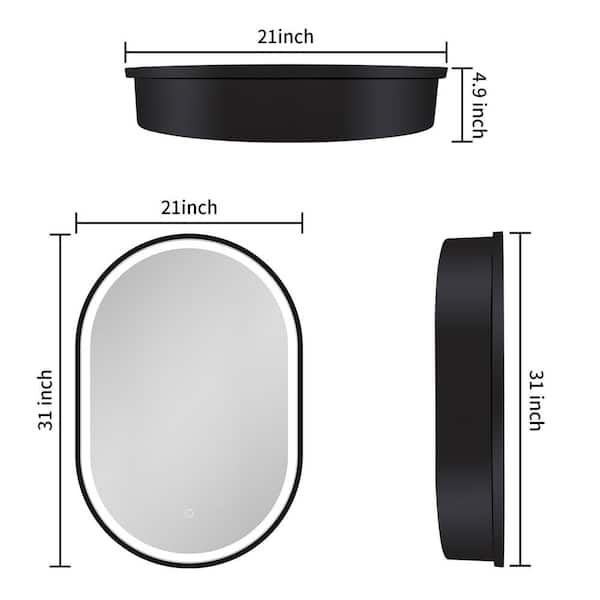 WELLFOR 21-in x 31-in Lighted LED Fog Free Surface Mount Black Mirrored Oval Medicine Cabinet