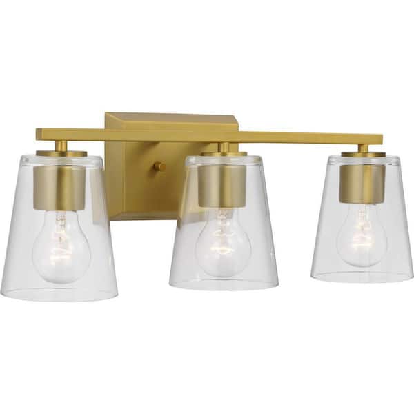Progress Lighting Vertex Collection 20.87 in. 3-Light Brushed Gold Clear Glass Contemporary Vanity Light