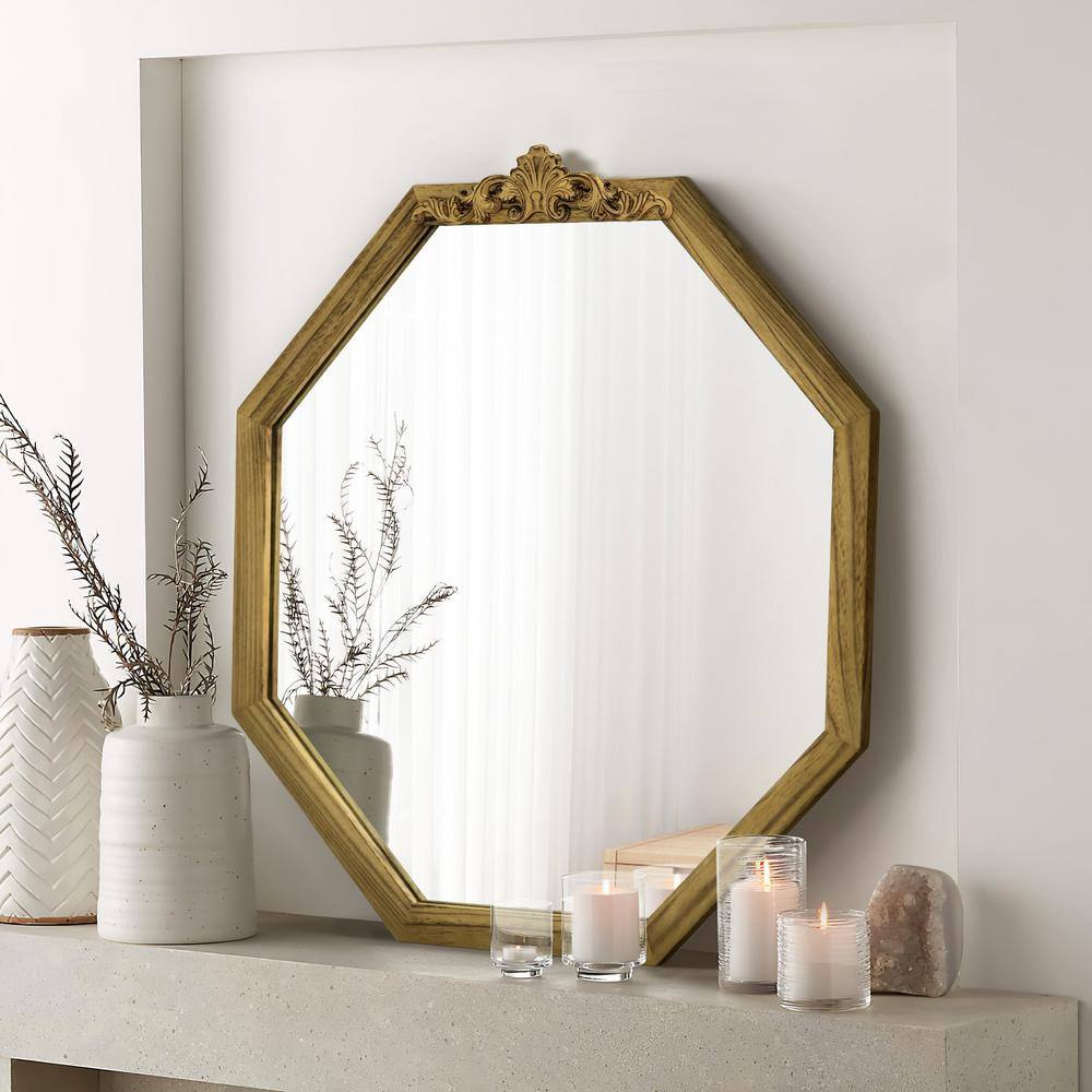 24 in. W x 24 in. H Octagon Brown Wood Framed Wall Mirror Farmhouse Decorative Wall Mirror