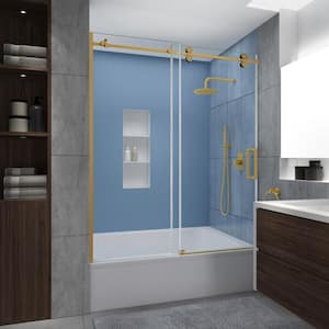 Langham XL 56 - 60 in. W x 70 in. H Frameless Sliding Tub Door in Brushed Gold with Star Cast Clear Glass, Right Opening