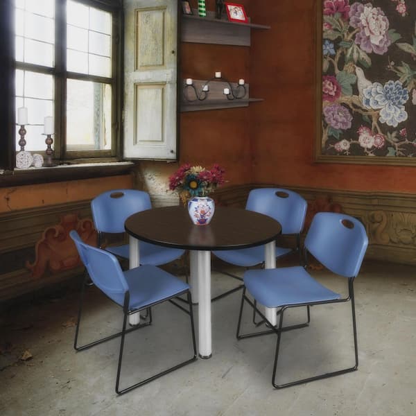 Kee 36 in. Neo Walnut Round Breakroom Table Desk and 4 Zeng Stack Chairs-Blue
