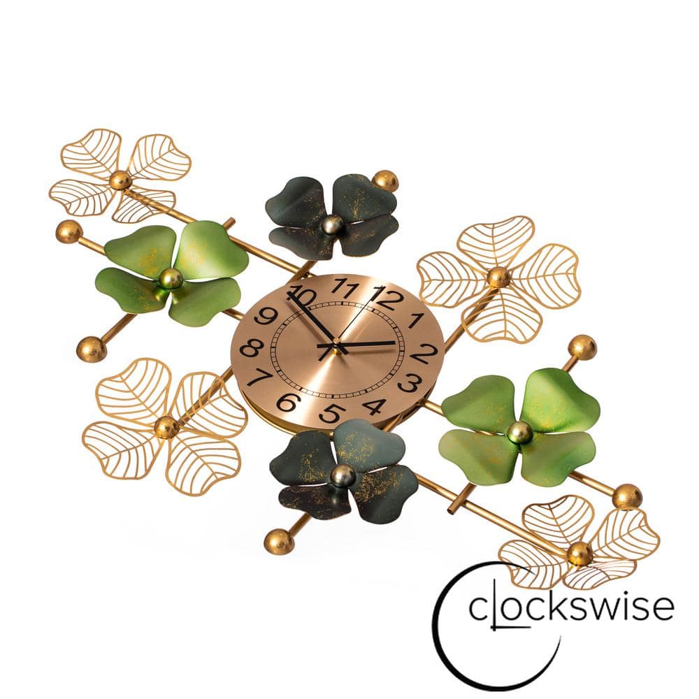 Oversized Gold and Green Metal Leaf Art Wall Clock
