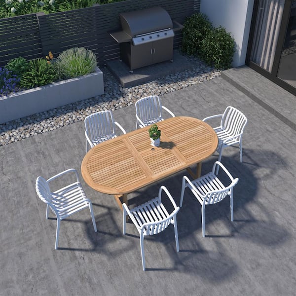 Amazonia Nagata 7-Piece Solid Teak Wood 100% FSC Oval Patio Dining Set White