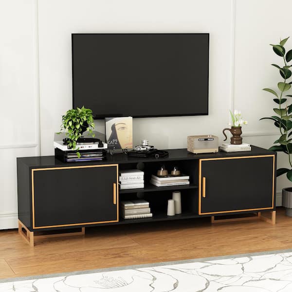Black and Golden TV Stand Entertainment Center Fits TV's up to 70 in. with 6-Shelves and 2-Doors