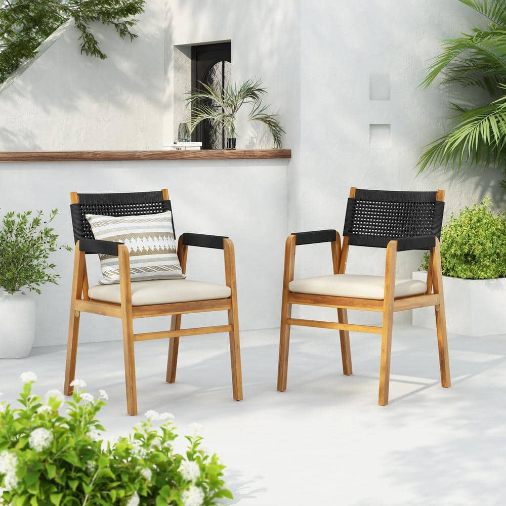 Modern Teak Finish Wood and Black Rope Patio Outdoor Dining Chairs with Beige Cushions, Set of 2 price history on PriceWatchPro