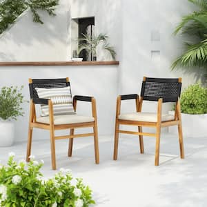 Modern Teak Finish Wood and Black Rope Patio Outdoor Dining Chairs with Beige Cushions, Set of 2