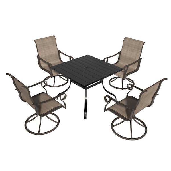 5-Piece Steel Textiliene Swivel Chair Square Table 28.54 in. Height Outdoor Dining Set with Umbrella Hole
