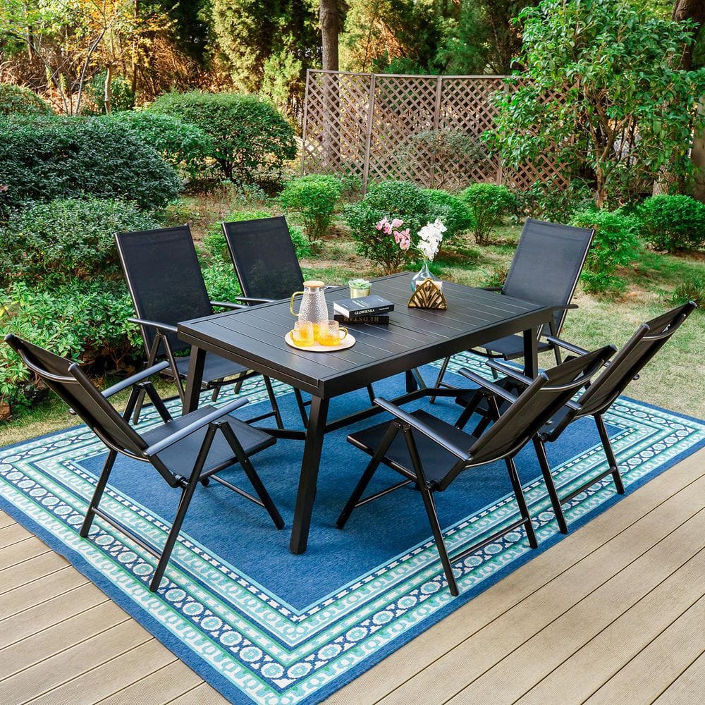 PHI VILLA 7-Piece Metal Outdoor Dining Set with Extensible Rectangular ...