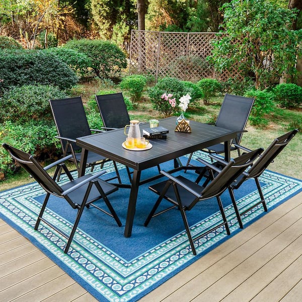 PHI VILLA 7-Piece Metal Outdoor Dining Set with Extensible Rectangular Slat Table and Black Folding Chairs