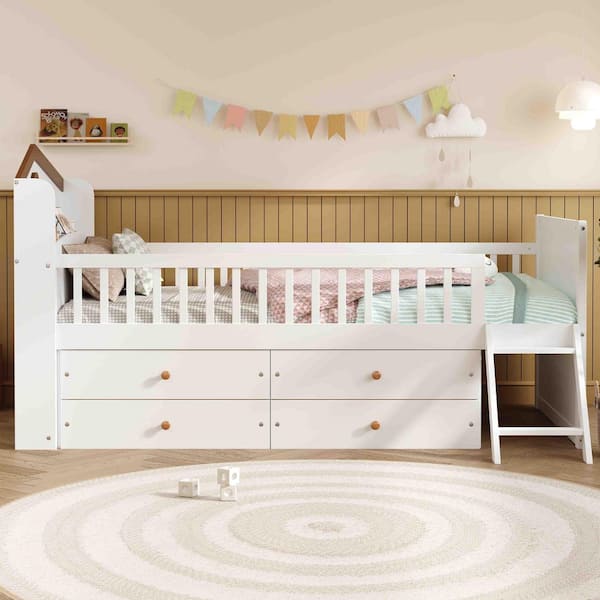 White Pine Wood Frame Twin Platform Bed with Storage, 4-Drawer, Guardrail Headboard and Ladder