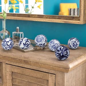 White and Blue Flashy Ceramic Decorative Orbs (Set of 6)