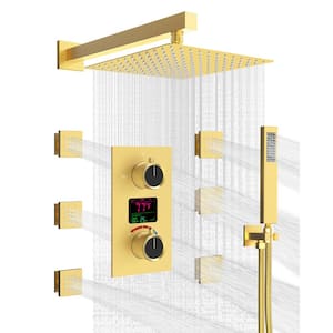 Double Handle 3-Spray 12 in. Wall Mount Shower Faucet  with Body Spray in Brushed Gold Temperature Display