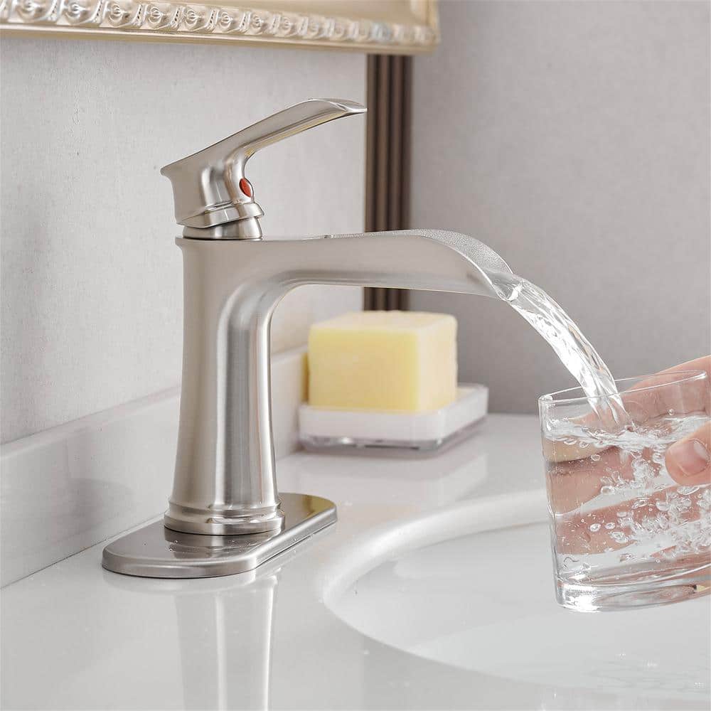 Brushed Nickel Single Handle Waterfall Bathroom Faucet with Pop-Up Drain