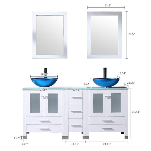 60 in. W x 21.5 in. D x 61 in. H Double Sinks Bath Vanity in White with Glass Top and Mirror