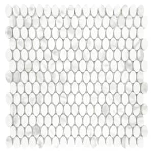 White Calacatta Small Oval 11" x 11" Recycled Glass Marble Looks Backsplash Floor & Wall Mosaic Tile (8.74 sq. ft./Box)