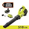 RYOBI ONE+ HP 18V Brushless Whisper Series 130 MPH 510 CFM Cordless Battery Leaf Blower with 6.0 Ah Battery and Charger PBLLB01K