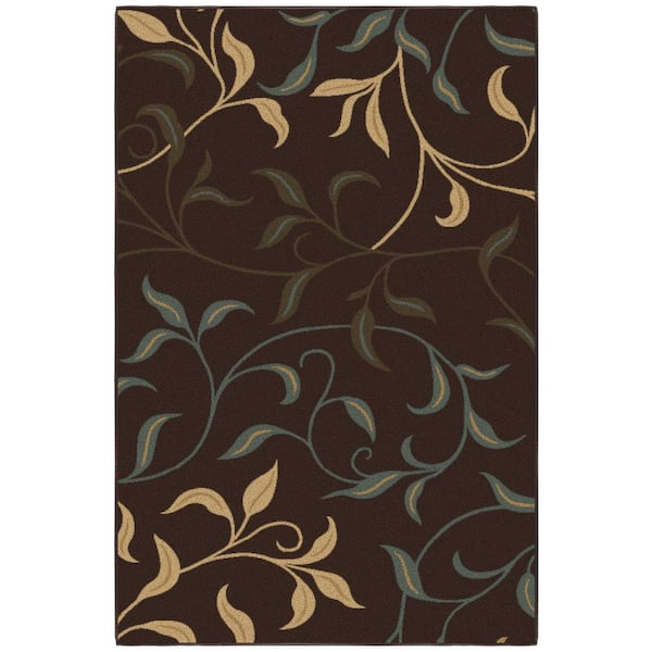 Ottomanson Ottohome Collection Non-Slip Rubberback Leaves Design 3x5 Indoor Area Rug, 3 ft. 3 in. x 5 ft., Dark Brown